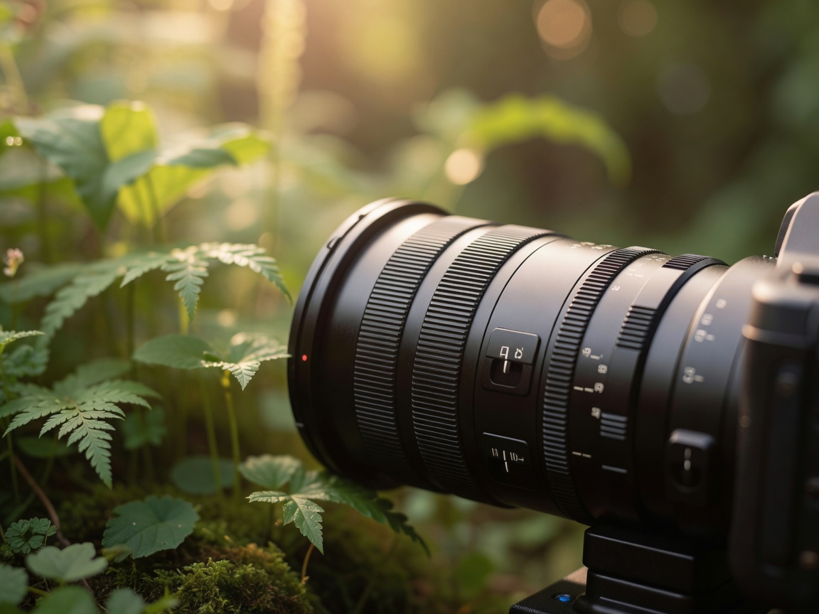 Close view of camera lens controls with softly illuminated foliage behind them