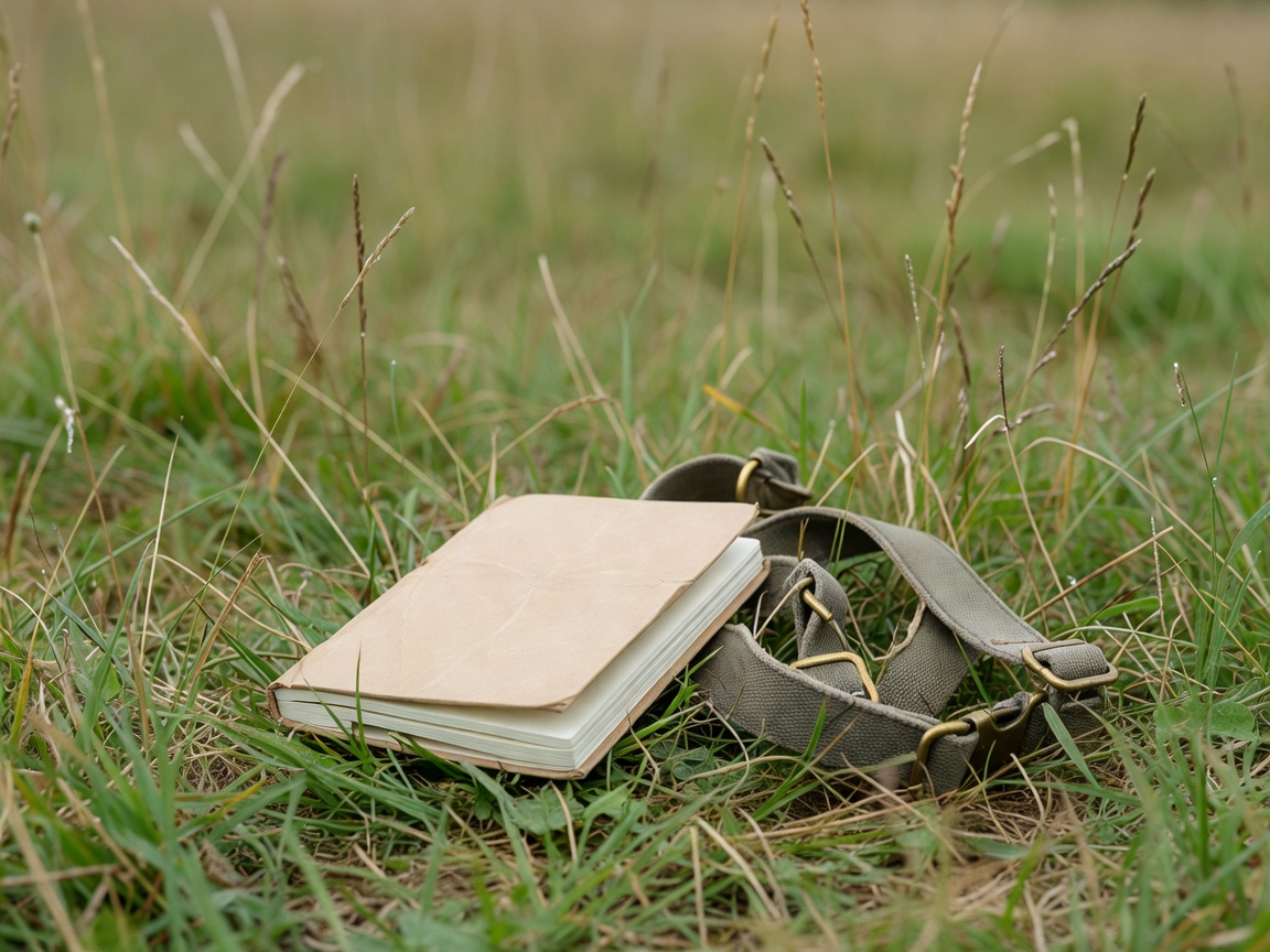 Plain field notebook and camera strap beside softly focused grass