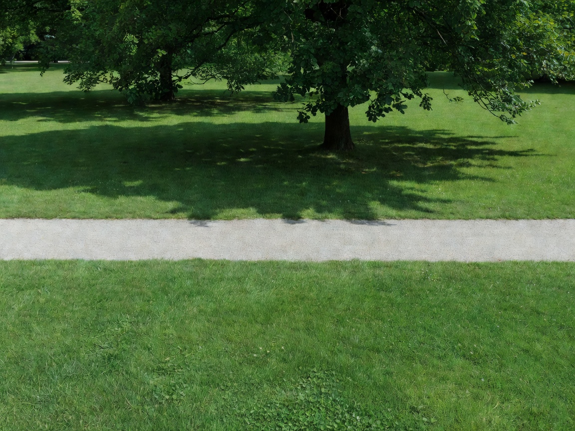 Soft grass and a level walking path meeting beneath the edge of tree shade